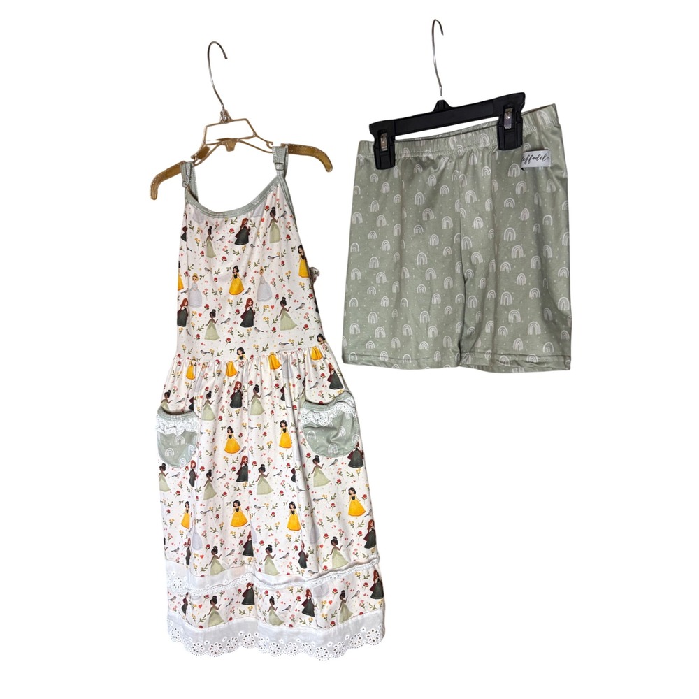 Daffodil Kids Princess Print Dress and Rainbow Shorts Set Sage Green 8Y
